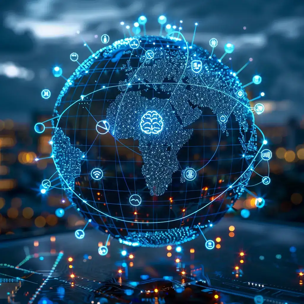 A digitally enhanced image showcasing a futuristic globe with network connectivity icons saas innovations, and AI technology solutions, superimposed over an urban nightscape, symbolizing global digital communications and the internet of things (IoT).