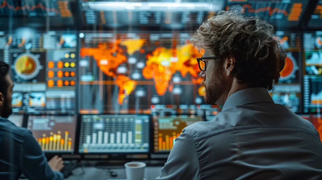 Two professionals monitoring global data in a high-tech control room.