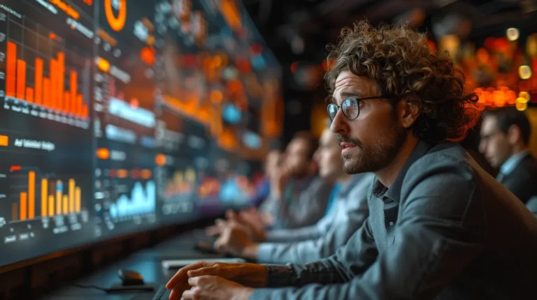 Analyzing financial data: a man with glasses focuses intently on multiple glowing stock market charts displayed on large monitors in a high-tech office environment.