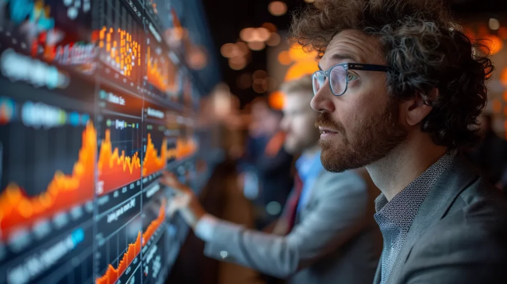 Professionals analyzing financial data on large screen displays.