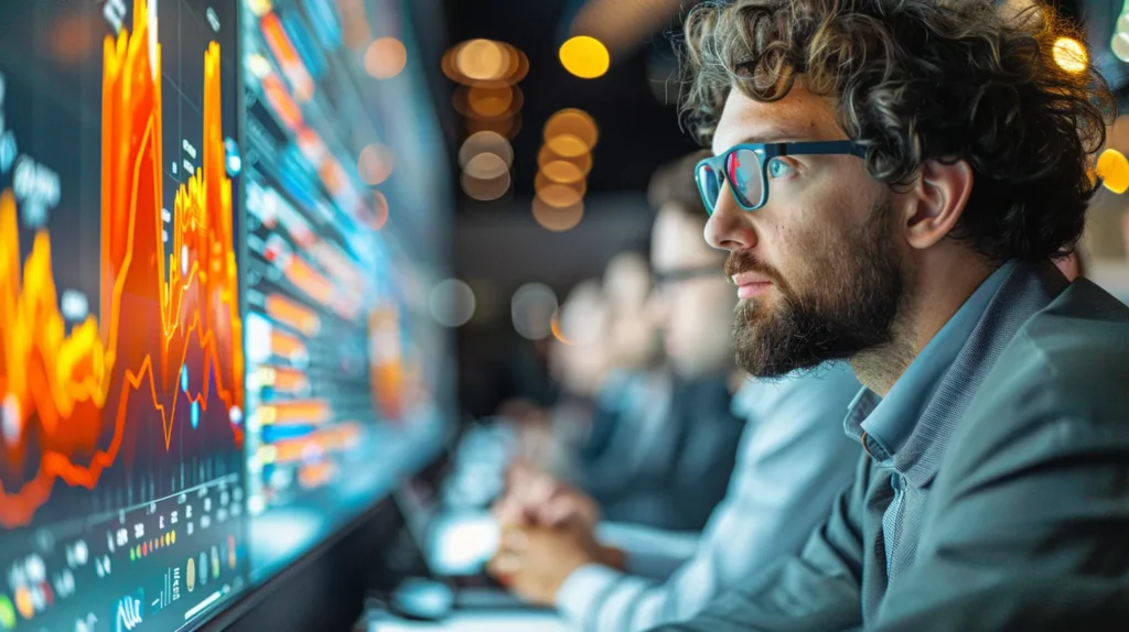 Financial analyst closely monitoring stock market data on multiple screens.