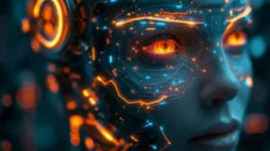 Close-up of a woman with cybernetic enhancements and glowing circuit patterns around her eye, showcasing AI predictive analytics capabilities.