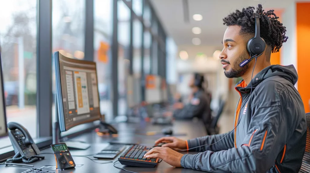 A customer support agent with a headset working at a computer in a modern office environment.