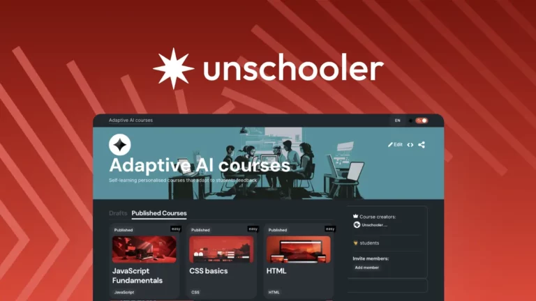 A website dashboard from Unschooler displays a course section titled "Adaptive AI courses." Below are three published courses: "JavaScript Fundamentals," "CSS Basics," and "HTML." The page, hosted by Unschooler, has a modern design with a red and teal color scheme.