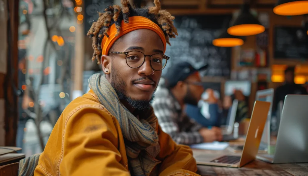 A young man with dreadlocks and glasses, wearing an orange headband and a mustard jacket, sits at a café table with a laptop, looking thoughtfully at the camera as he searches for Artificial Intelligence