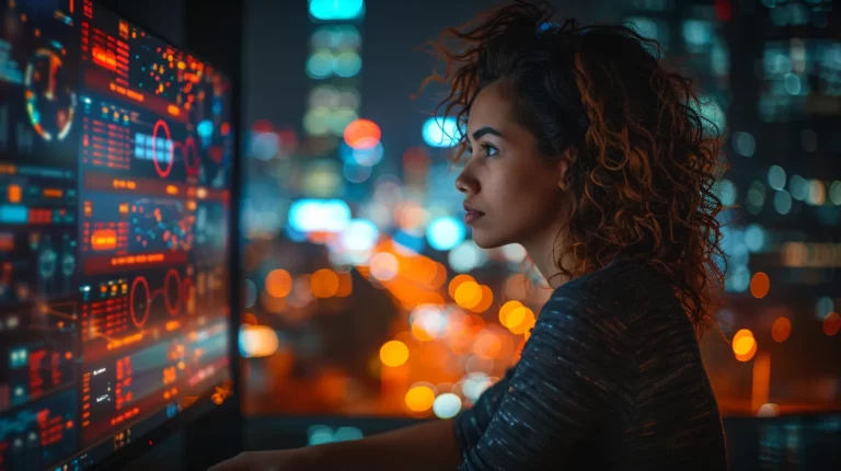 A woman observes multiple glowing data screens displaying graphs and analytics, with blurry city lights in the background at night.