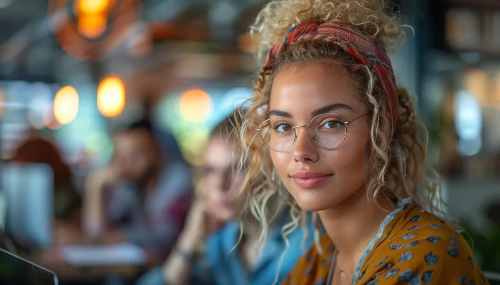 A young woman with curly hair wearing glasses and a patterned top looks at the camera, with blurred colleagues in the background in a lively artificial intelligence office setting.