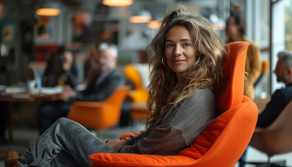 A relaxed woman with curly hair sitting in an orange chair, smiling softly towards the camera in a cozy café setting about Ahcrypto.