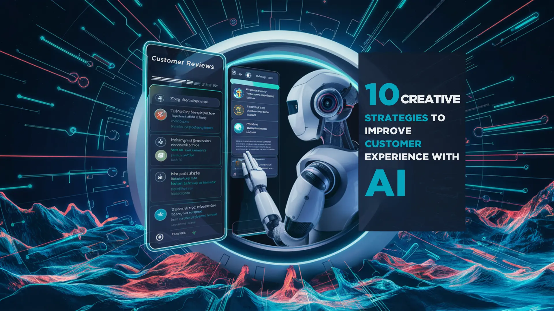 A futuristic robot interacts with a large smartphone displaying "Customer Reviews." The background features vibrant digital patterns and a neon landscape. The text reads, "10 Creative Strategies to Improve Customer Experience with AI.