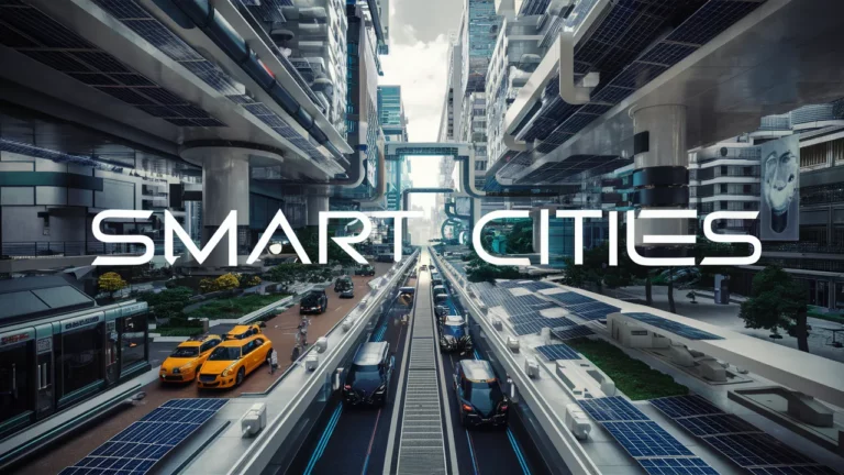 A futuristic cityscape features advanced transportation systems with automated vehicles and solar panels on elevated platforms. The scene is bustling with modern architecture and greenery, encapsulating the vision of "Smart Cities" prominently displayed in the center.