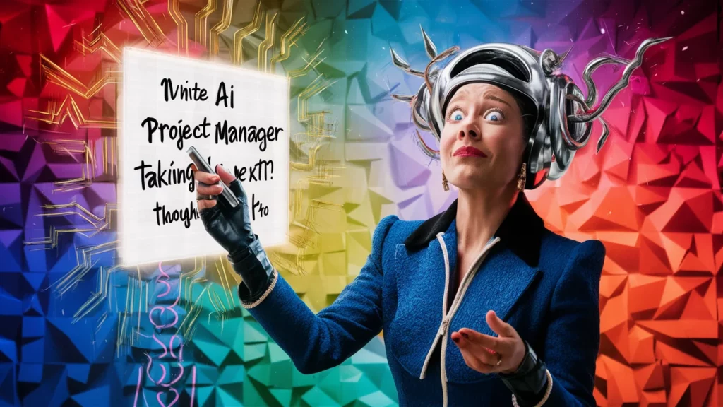 A whimsical woman wearing a futuristic helmet and a business suit points to a sign saying "AI Business Strategy taking over?? Thought so," against a colorful abstract background.