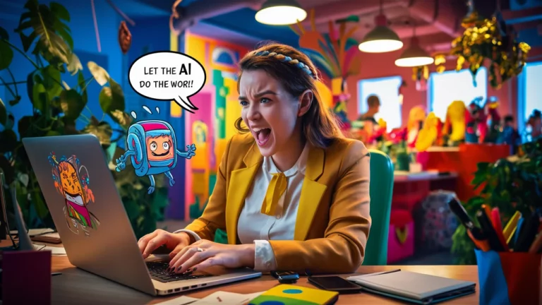 A woman in a yellow top and blazer looks surprised and amused at her laptop screen, where a cartoon of a rocket with a brain appears saying, "let the AI Business Strategy do the work!