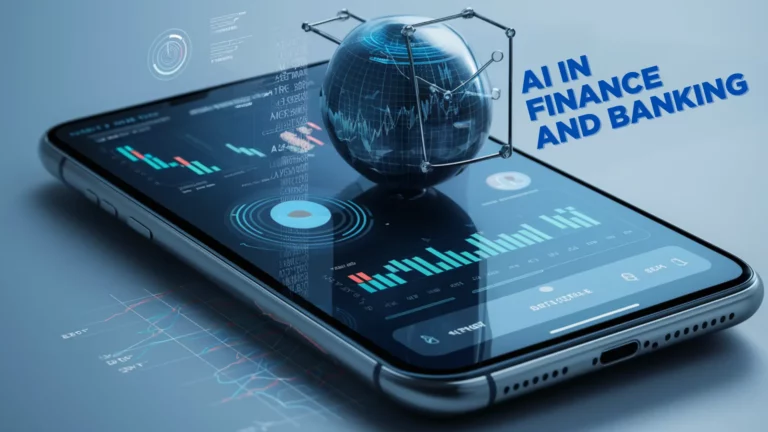 A smartphone displaying stock market graphs and data, with a 3D holographic globe and circuitry hovering above the screen. The text "AI in Finance and Banking" is visible on the right side of the image. The background is a sleek, modern digital interface.