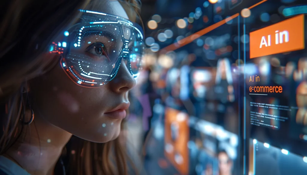 A person wearing futuristic augmented reality glasses is engrossed in a holographic display featuring "AI in e-commerce" text. The high-tech background showcases various electronic screens and blurred figures, emphasizing the advanced technological environment.