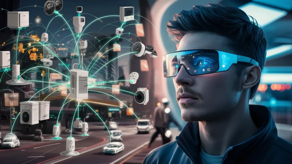 A young man wearing futuristic augmented reality glasses observes floating digital icons representing various AI and IoT data, set against a cityscape at twilight.