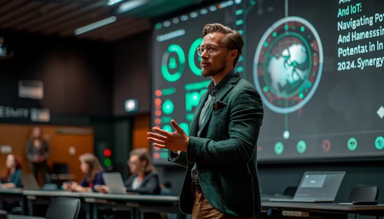 A young man presenting in a conference room with attendees and a digital screen displaying futuristic graphics about business strategy development for 2024.