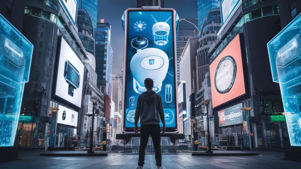 A person stands facing a futuristic, illuminated billboard displaying floating household objects, set against a brightly lit cityscape with towering screens at night.