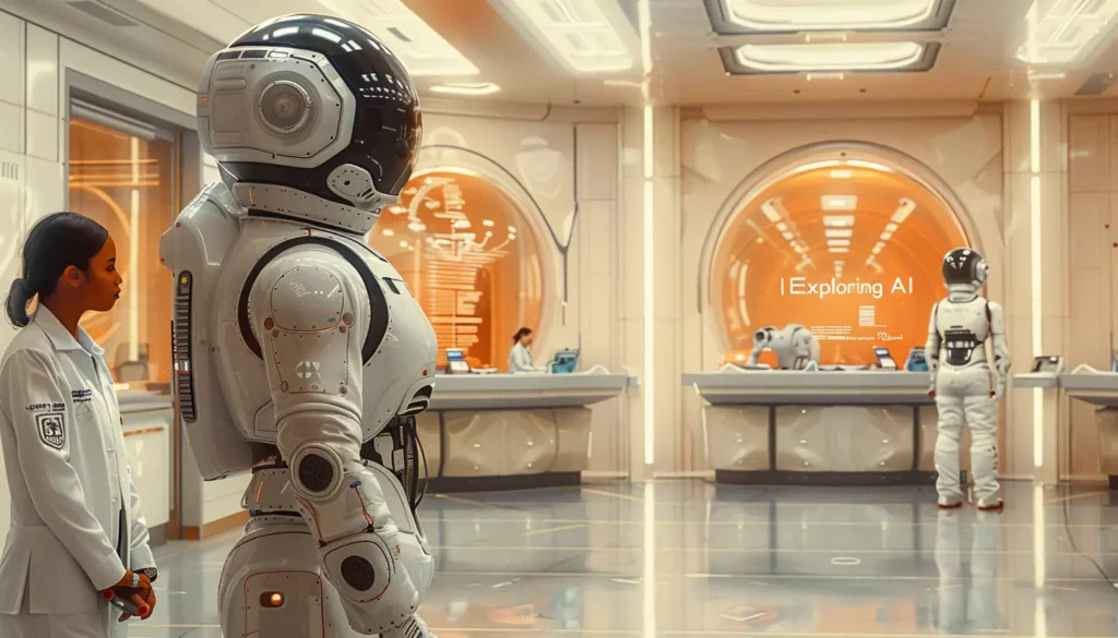 A futuristic laboratory with advanced AI robots and scientists in white lab coats. One robot stands close to a female researcher, while another robot works in the background. The room is illuminated with soft white and orange lighting, with "Exploring AI Myths" displayed on a wall.