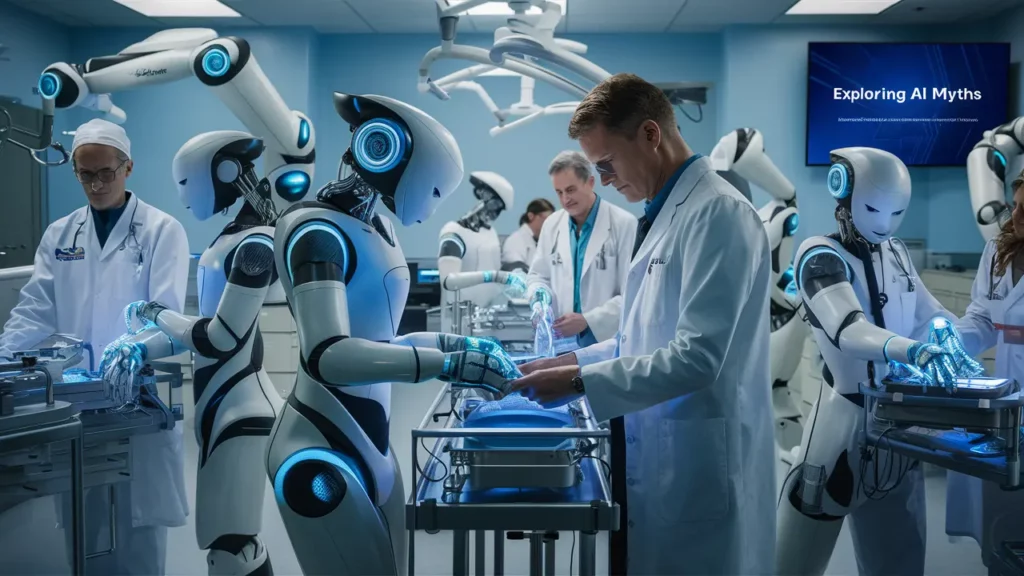 In a futuristic lab setting, scientists and humanoid robots collaborate on a medical procedure. They are surrounded by advanced equipment. One screen reads "Exploring AI Myths," highlighting the integration of AI in scientific research.