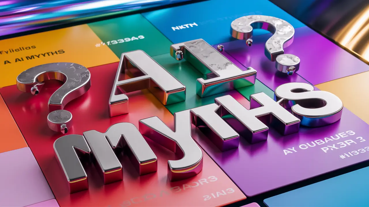 A colorful image with a grid-like background displaying various vibrant hues. The text "AI MYTHS" is prominently displayed in large, shiny metallic letters. The grid includes labels and codes, and there are question marks around the main text.