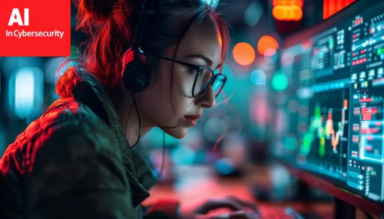 A person wearing glasses and headphones sits in front of multiple computer screens displaying various data graphs and code. The tech-centric setting emphasizes cybersecurity, highlighted by the "AI in Cybersecurity" text in the top left corner.