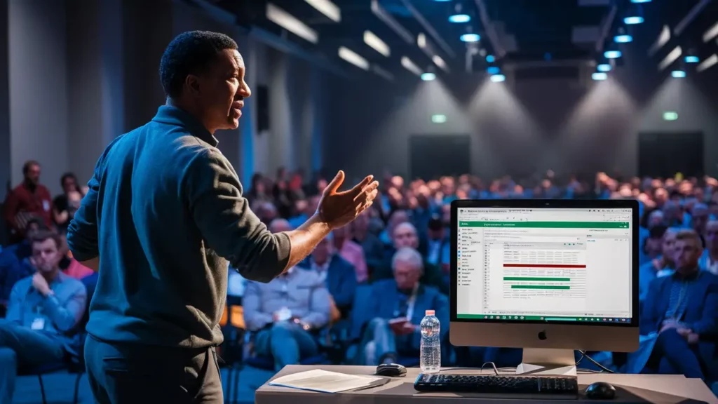 A confident man gestures while speaking at a podium in a conference hall, with a computer screen displaying SaaS financial models in front of him and an attentive audience in the background.