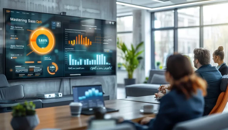 A group of people in a modern office setting are sitting around a conference table, attentively looking at a large screen displaying various data visualizations and charts. The topic of discussion is SaaS optimization. A potted plant is visible in the background, adding a touch of greenery to the scene.