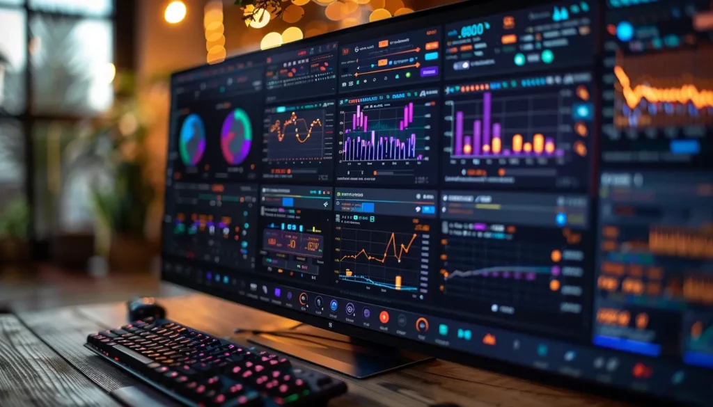 A wide monitor displays multiple colorful charts, graphs, and data visualizations on a dark-themed interface. A backlit mechanical keyboard sits in the foreground, suggesting an advanced SaaS optimization and data analysis setup in a dimly lit room with a bokeh background.