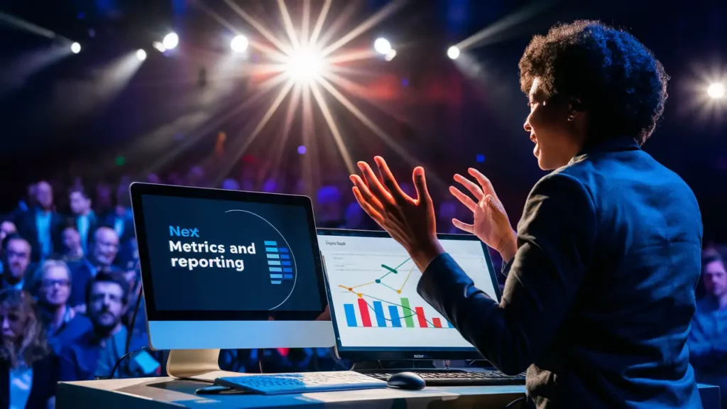 A professional woman presents SaaS financial models, using graphs on a computer screen, in front of an audience under stage lights.