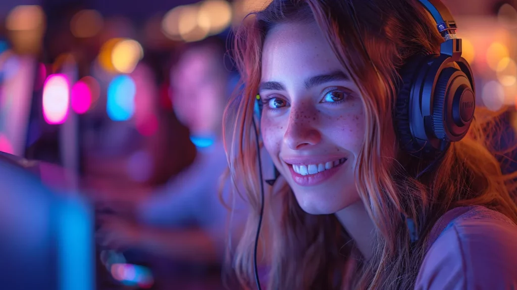 Young woman wearing headphones smiles at the camera in a colorful, neon-lit room, likely engaged in playing video games or participating in an esports event related to SaaS in education.