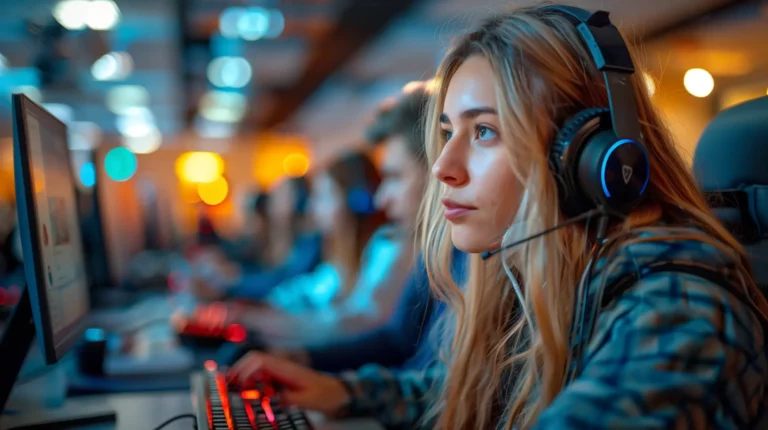 A focused young woman wearing headphones sits at a computer with colorful backlit keyboards in a dimly lit room, presumably engaged in managing a SaaS platform for education.