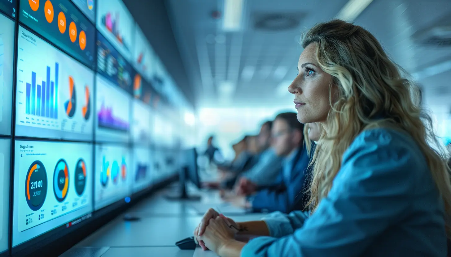 A woman with curly hair examines multiple SaaS compliance data charts on large screens in a control room, alongside colleagues focused on similar tasks.