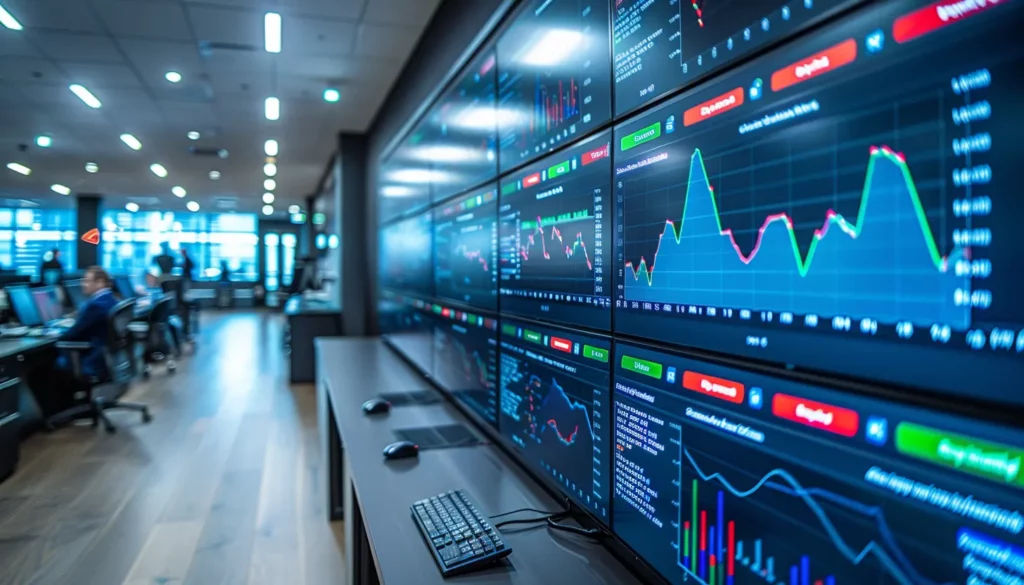 A modern trading floor with large screens displaying financial data in graphs and charts. Desks with computers, adhering to SaaS compliance, are visible, and the environment is brightly lit and technologically equipped