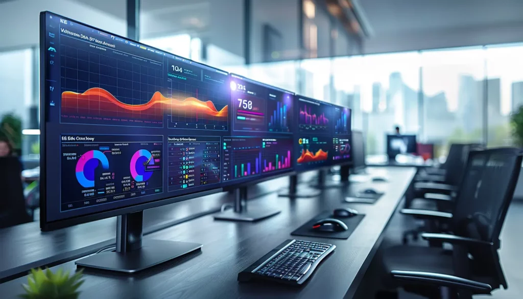 A modern office setup displaying multiple monitors with vibrant SaaS compliance dashboards, including graphs and charts, located on desks in a spacious, well-lit room.