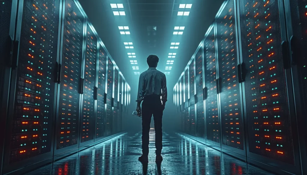 A man stands silhouetted in a futuristic data center, surrounded by racks of illuminated servers dedicated to SaaS compliance, with a blue light casting a glow over the corridor.