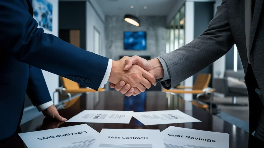 Two people in business attire shaking hands over a reflective table with documents labeled "SaaS Contracts" and "Cost Savings" laid out. The background shows a modern, corporate office setting with a blurred wall display and closed meeting room doors, emphasizing the importance of SaaS optimization.