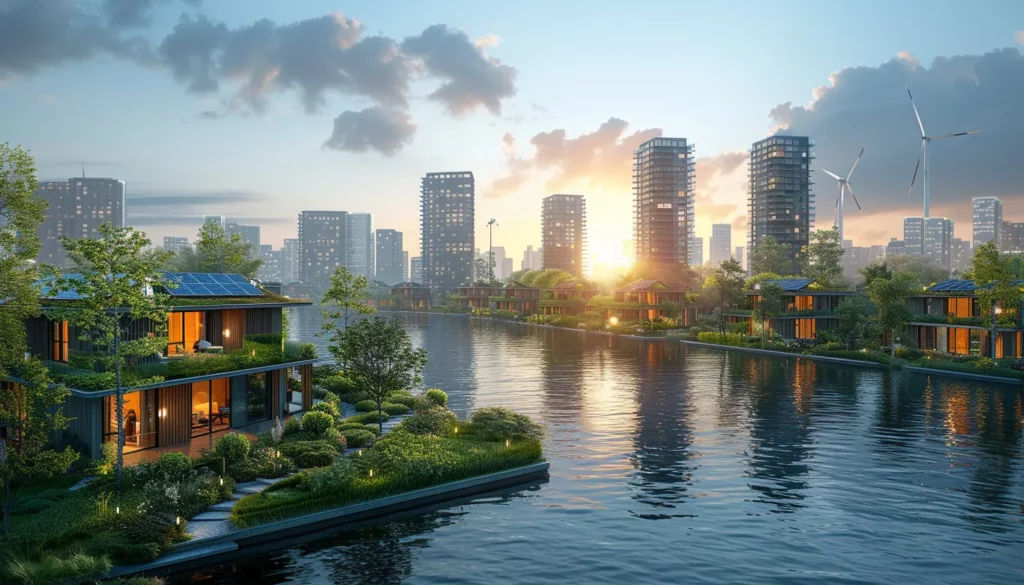 A serene lakeside community at sunset with modern floating houses featuring solar panels, lush greenery, and large windows. In the background, a city skyline with tall buildings and wind turbines showcases smart cities blending nature and urban living.