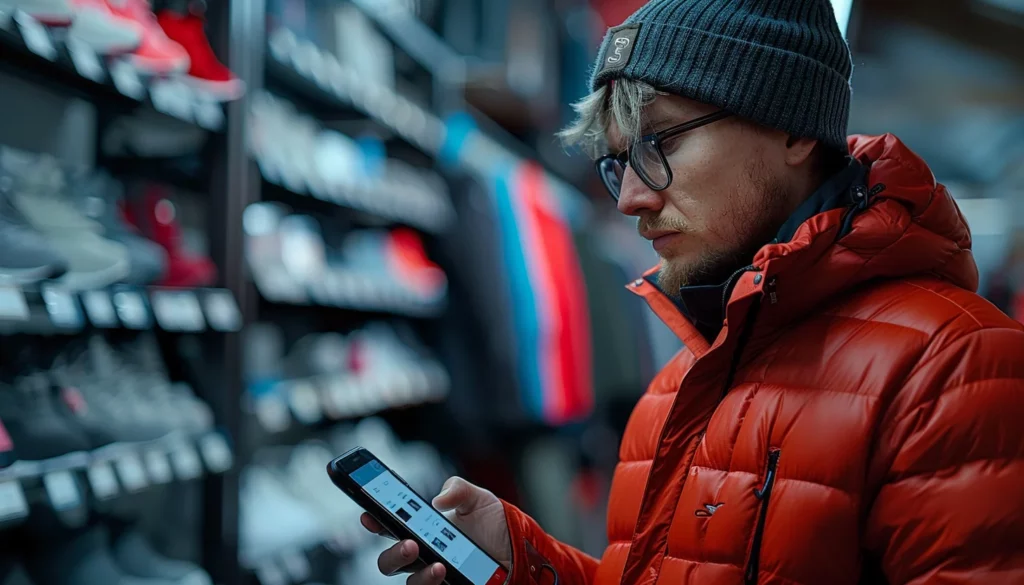 A person with blonde hair, wearing glasses, a gray beanie, and a red puffer jacket, is looking at a smartphone in their hand. They are standing in front of shelves filled with various shoes in a store, possibly browsing options enhanced by AI in e-commerce.