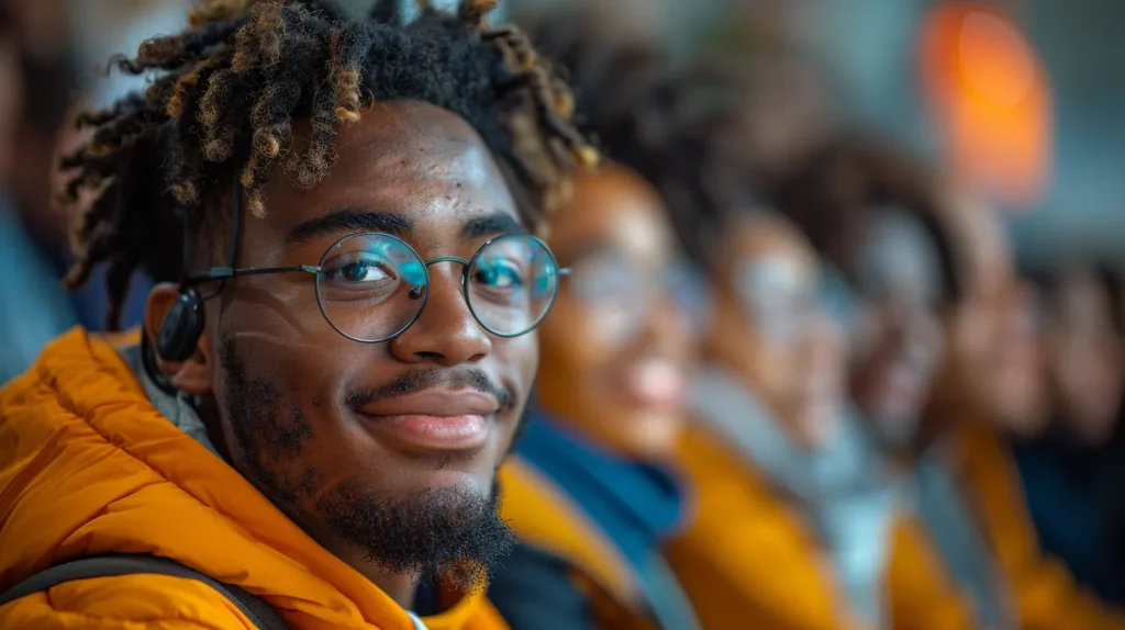 A young man with glasses and styled dreadlocks wearing a yellow jacket smiles subtly at the camera, surrounded by blurred figures in a crowd at a SaaS in Education conference.