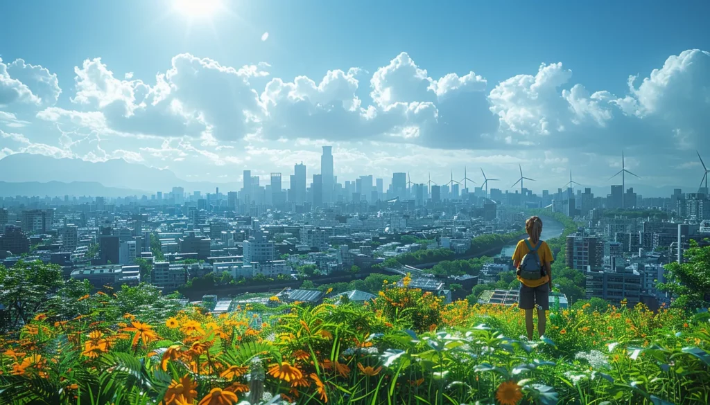 A person wearing a yellow shirt is standing on a hill covered in vibrant orange flowers, overlooking a sprawling cityscape under a bright blue sky with scattered clouds. Wind turbines can be seen in the distance, blending with the urban skyline of one of the burgeoning smart cities.