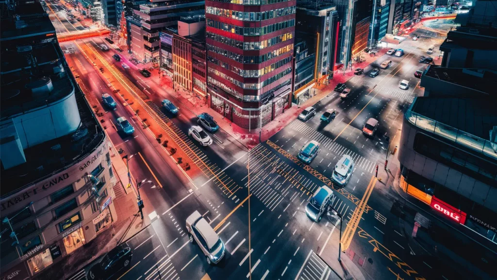 Aerial view of a busy city intersection at night, with streaks of red and white lights from moving cars. High-rise buildings with illuminated windows line the streets, creating an urban landscape glowing with various colors and bustling traffic activity, epitomizing the essence of smart cities.