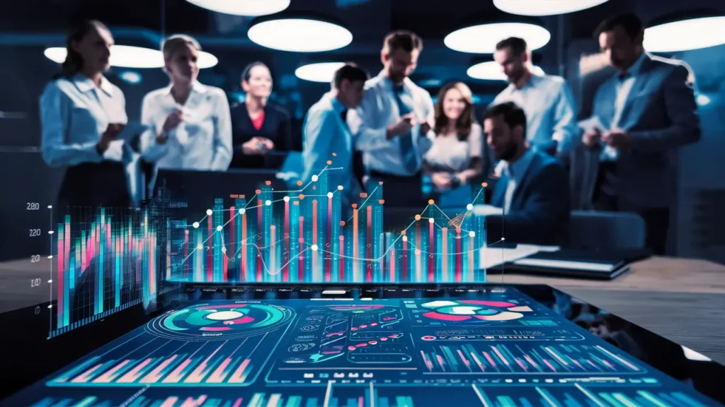 A group of professionals in business attire gather around a table, focusing on a digital screen displaying colorful graphs, charts, and data visualizations in a modern office setting. The atmosphere is collaborative and focused.