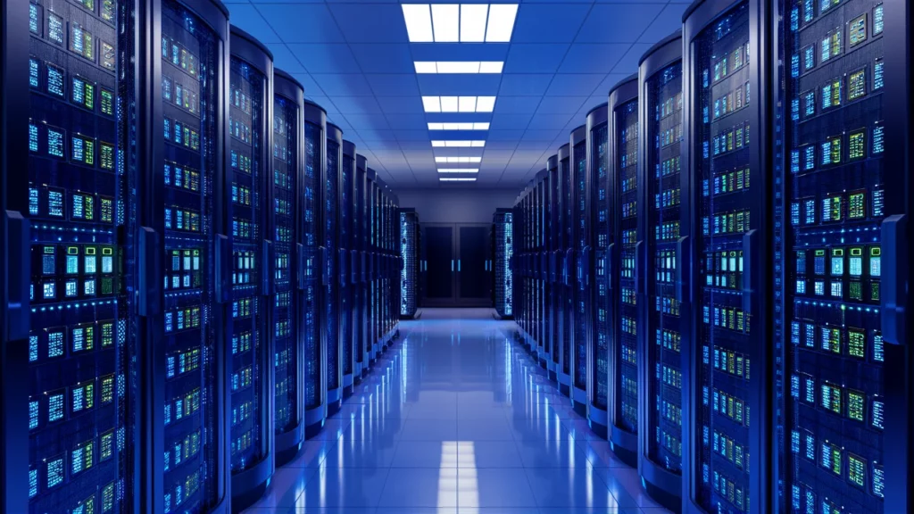 A futuristic data center with rows of high-tech, AI-enhanced server racks illuminated by blue lights and overhead white fluorescent lights, reflecting a clean, polished floor.