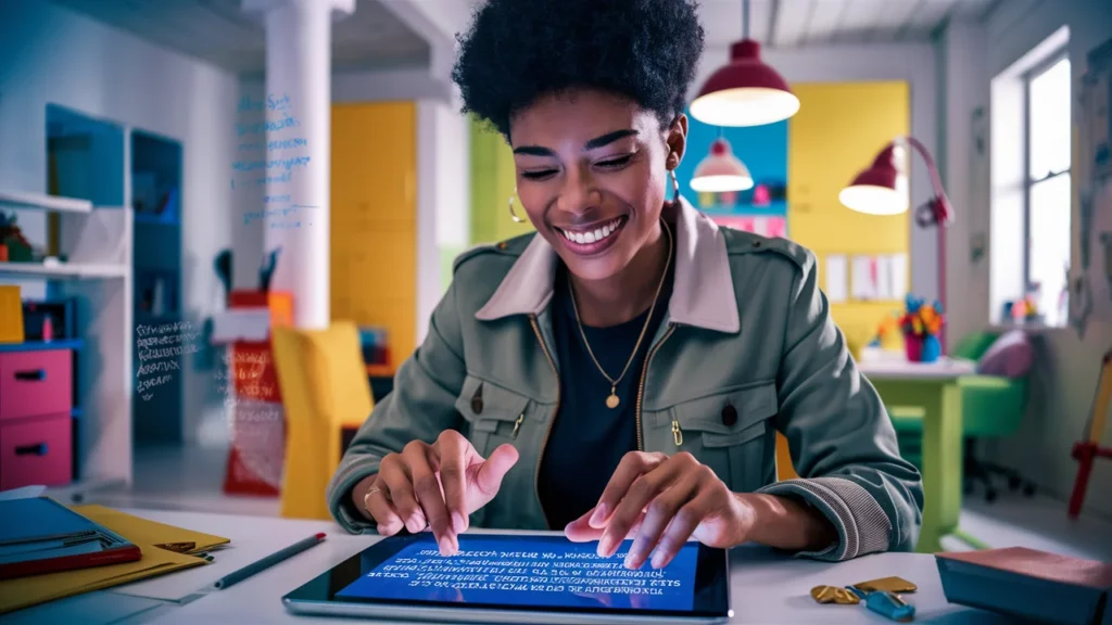 A smiling young woman with curly hair sits at a desk in a colorful office, using a stylus to interact with a tablet displaying AI business strategy blueprints and text.