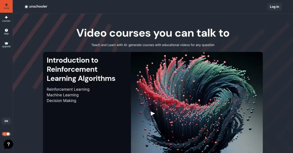 A webpage from Unschooler showcases a video course titled "Introduction to Reinforcement Learning Algorithms." The background features a colorful, abstract spiral of particles. Navigation options and an Unschooler log-in button are visible on the top left and right corners respectively.