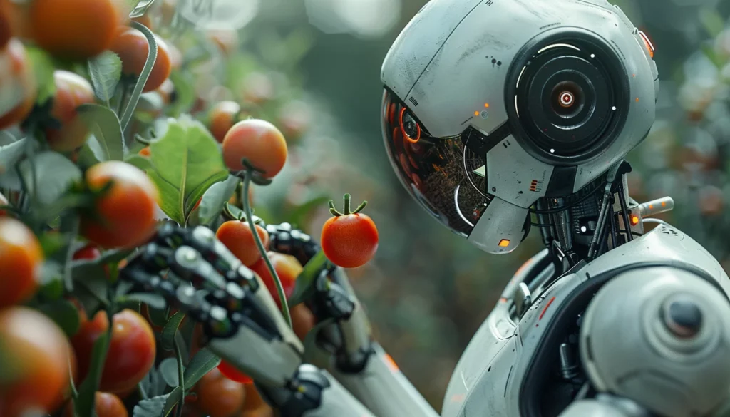 A futuristic AI-powered robot with intricate detailing picks tomatoes in a lush garden, showcasing a blend of technology and sustainability. The focus is on the robot's humanoid hand gently holding a ripe tomato.