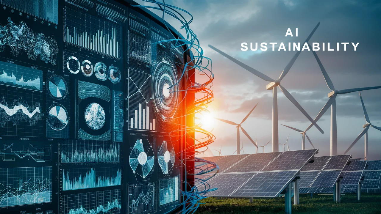 Digital interface featuring AI and data analytics with a backdrop of wind turbines and solar panels, representing AI's role in ai sustainability. The sun sets in the horizon, highlighting renewable energy sources.