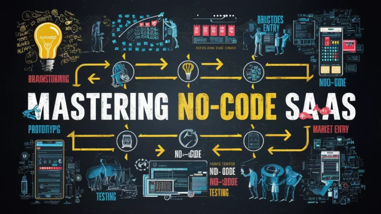 Illustrative image depicting the process of "Mastering No-Code SaaS" with diagrams and flowcharts on a chalkboard-style background, featuring stages like brainstorming, prototyping, and market entry.