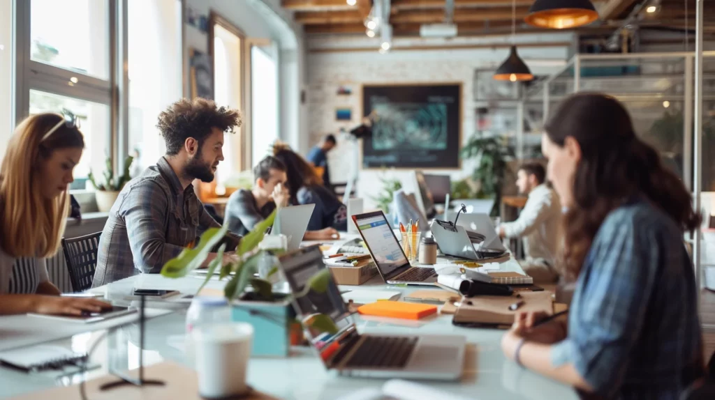 A dynamic office setting with diverse young professionals engaged in their no-code SaaS work on laptops, spread across a long table surrounded by modern, airy decor.