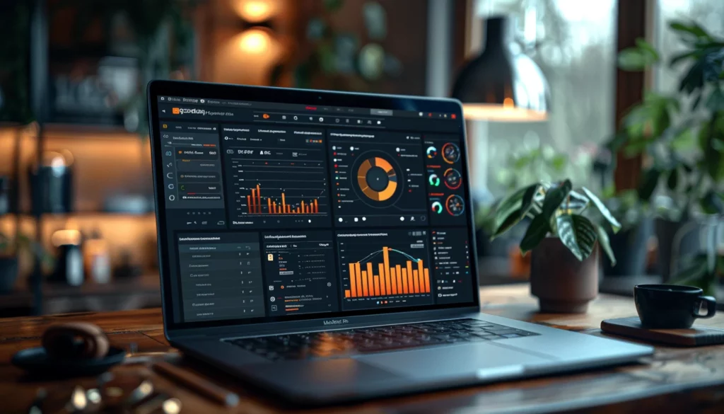 A laptop on a wooden table displaying vibrant No-Code SaaS analytics dashboards with charts and graphs. A coffee cup and a potted plant are beside it in a cozy indoor setting.